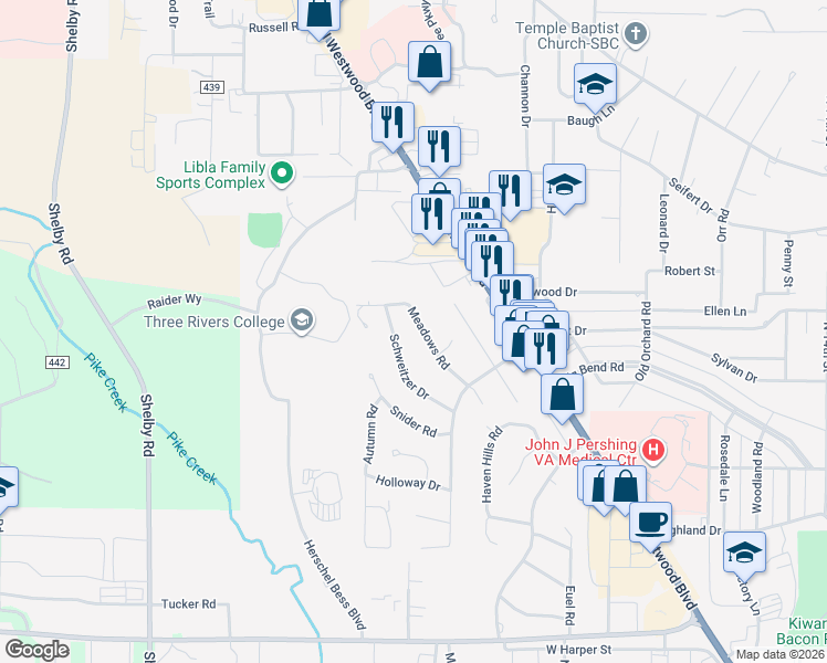 map of restaurants, bars, coffee shops, grocery stores, and more near 2034 Meadows Road in Poplar Bluff