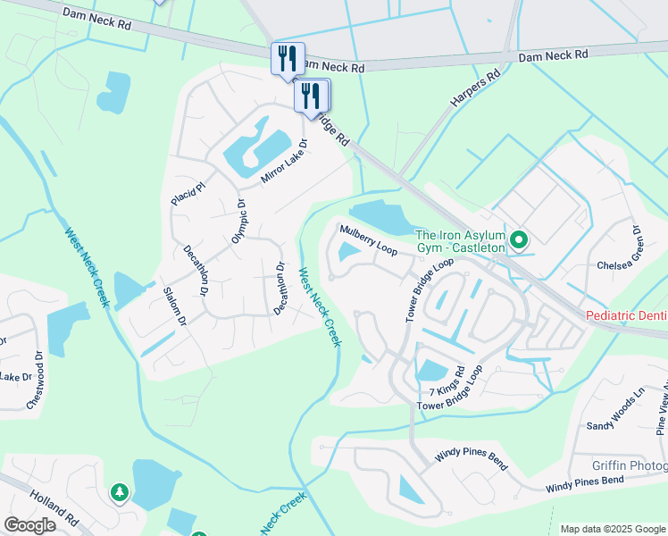 map of restaurants, bars, coffee shops, grocery stores, and more near 2625 Mulberry Loop in Virginia Beach