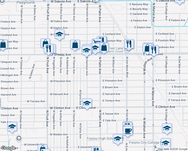 map of restaurants, bars, coffee shops, grocery stores, and more near 204 East Michigan Avenue in Fresno