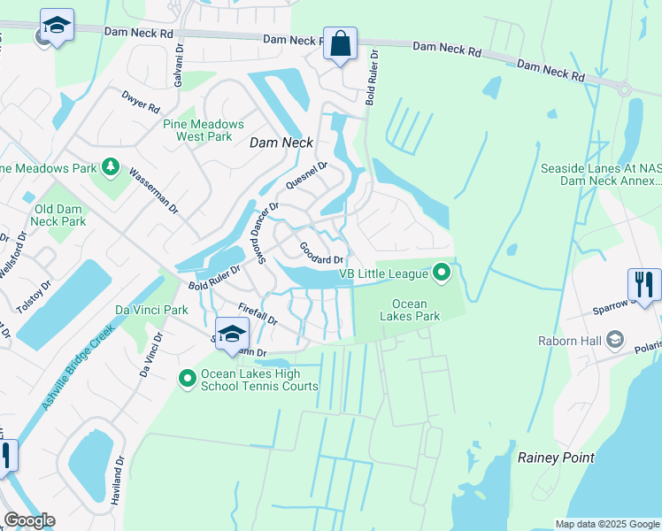 map of restaurants, bars, coffee shops, grocery stores, and more near 727 Goodard Drive in Virginia Beach