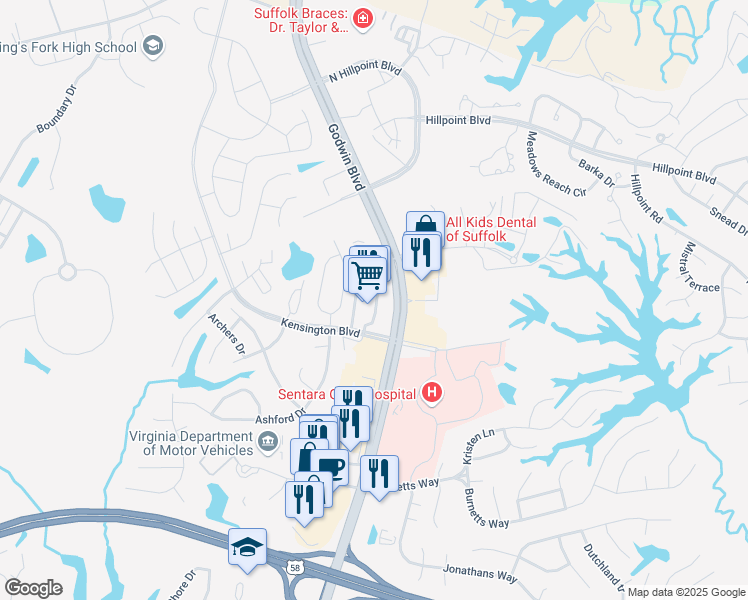 map of restaurants, bars, coffee shops, grocery stores, and more near 2815 Godwin Boulevard in Suffolk