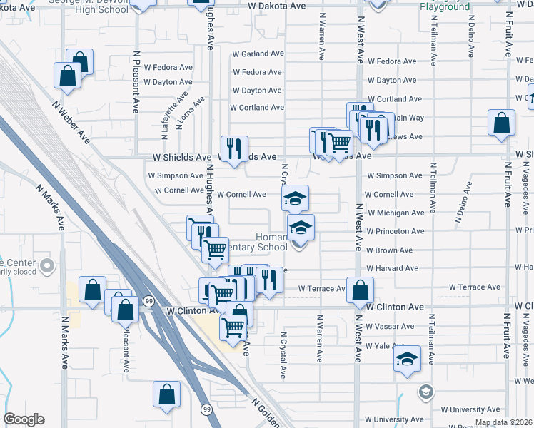 map of restaurants, bars, coffee shops, grocery stores, and more near 1802 West Michigan Avenue in Fresno