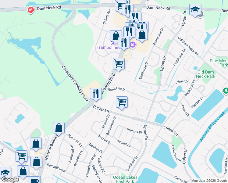 map of restaurants, bars, coffee shops, grocery stores, and more near 1829 Mizzen Lane in Virginia Beach