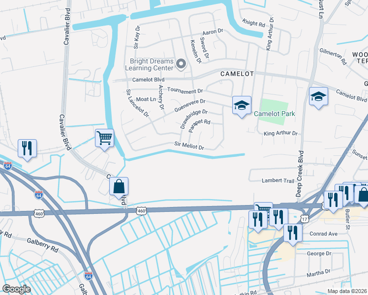 map of restaurants, bars, coffee shops, grocery stores, and more near 3200 Sir Meliot Drive in Chesapeake