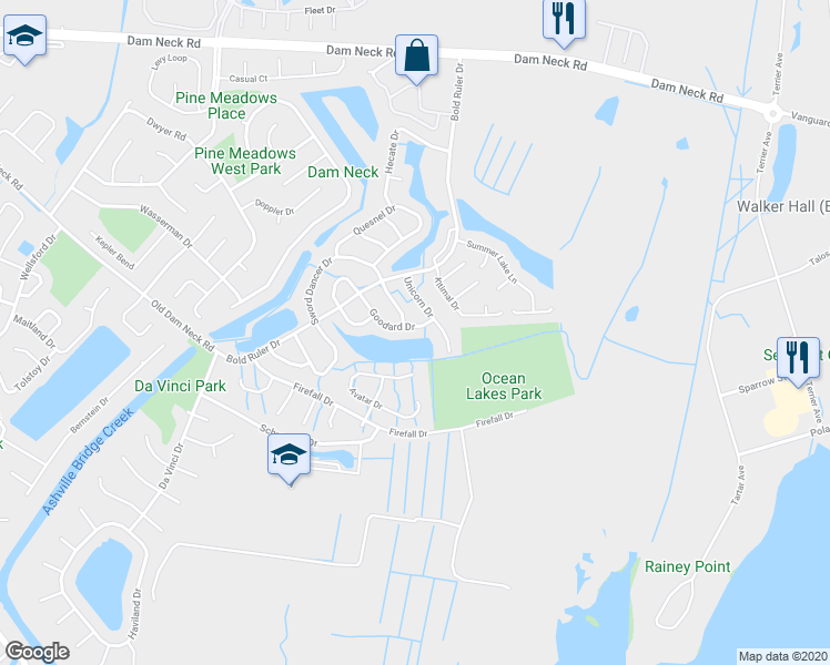 map of restaurants, bars, coffee shops, grocery stores, and more near 717 Goodard Drive in Virginia Beach