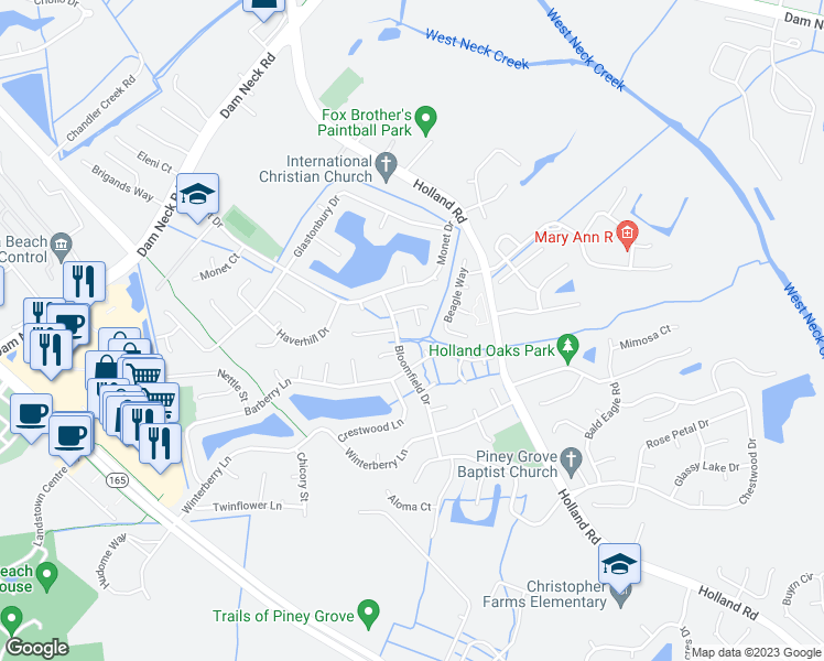 map of restaurants, bars, coffee shops, grocery stores, and more near 1813 Williston Court in Virginia Beach