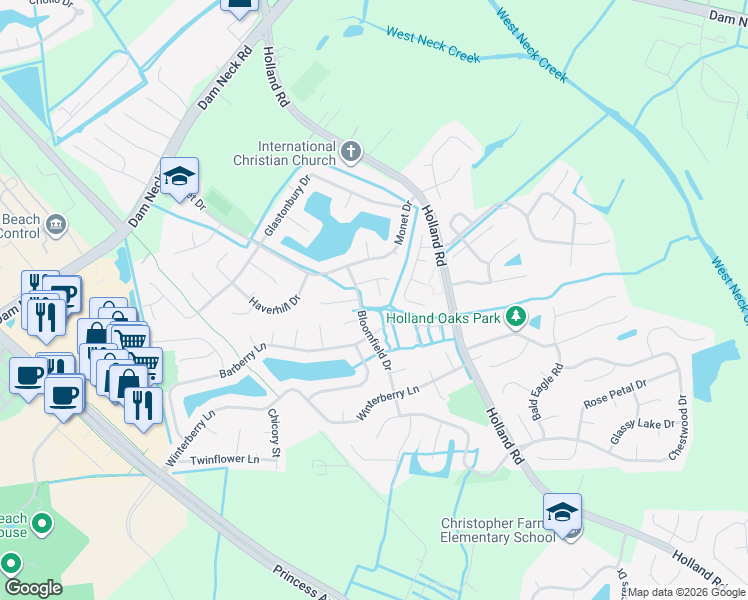map of restaurants, bars, coffee shops, grocery stores, and more near 3005 Williston Drive in Virginia Beach