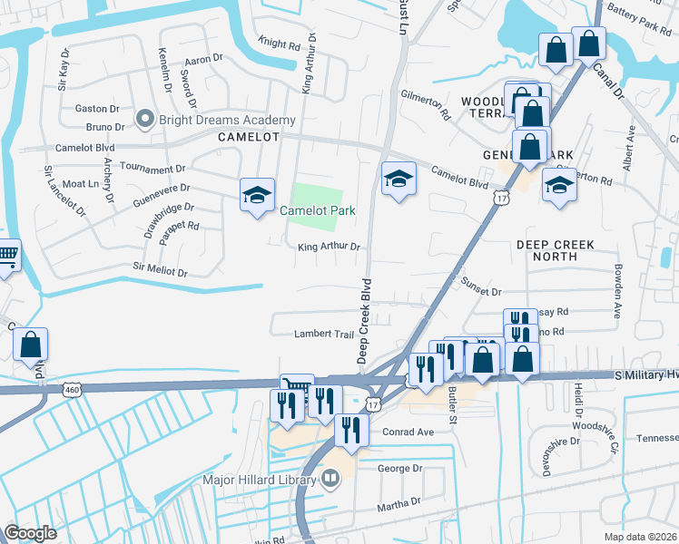 map of restaurants, bars, coffee shops, grocery stores, and more near 908 Page Court in Chesapeake