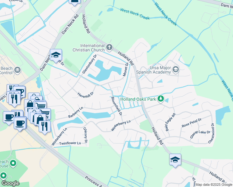 map of restaurants, bars, coffee shops, grocery stores, and more near 1813 Williston Court in Virginia Beach