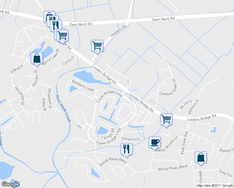 map of restaurants, bars, coffee shops, grocery stores, and more near 1928 Clifton Bridge Drive in Virginia Beach