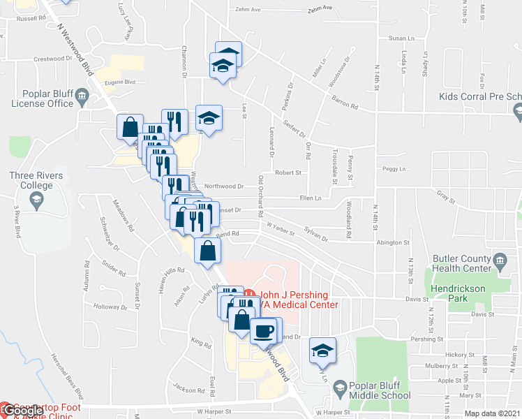 map of restaurants, bars, coffee shops, grocery stores, and more near 2001 Old Orchard Road in Poplar Bluff
