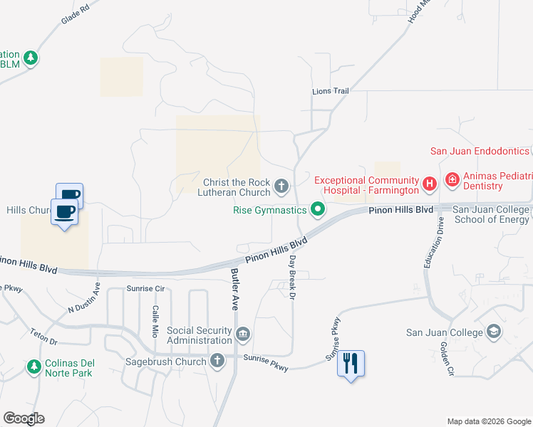 map of restaurants, bars, coffee shops, grocery stores, and more near 5301 Hood Mesa Trail in Farmington