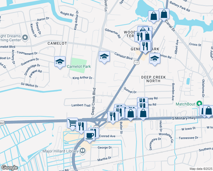 map of restaurants, bars, coffee shops, grocery stores, and more near 2707 Janice Lynn Court in Chesapeake
