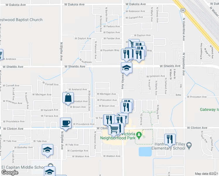 map of restaurants, bars, coffee shops, grocery stores, and more near West Amherst Avenue in Fresno