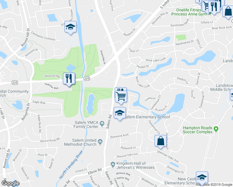 map of restaurants, bars, coffee shops, grocery stores, and more near 4015 Salem Terrace in Virginia Beach