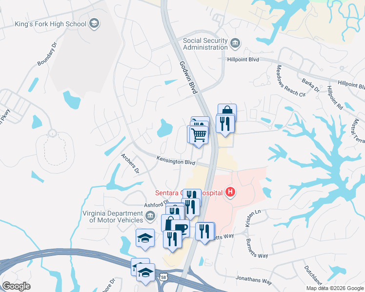 map of restaurants, bars, coffee shops, grocery stores, and more near 141 Wexford Drive in Suffolk