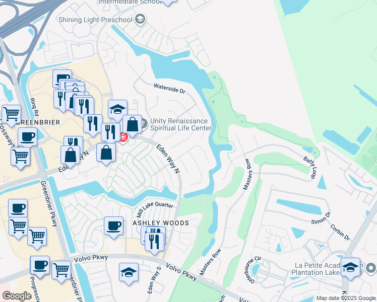 map of restaurants, bars, coffee shops, grocery stores, and more near Savory Crescent in Chesapeake