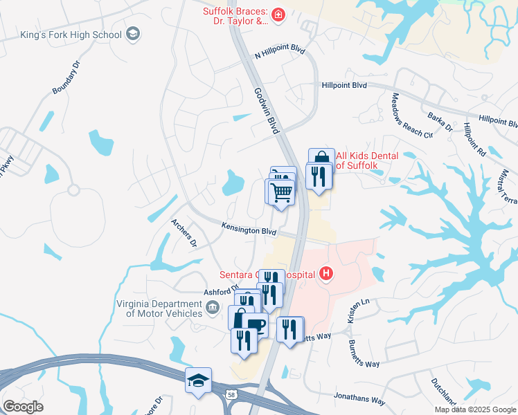 map of restaurants, bars, coffee shops, grocery stores, and more near 125 Wexford Drive in Suffolk