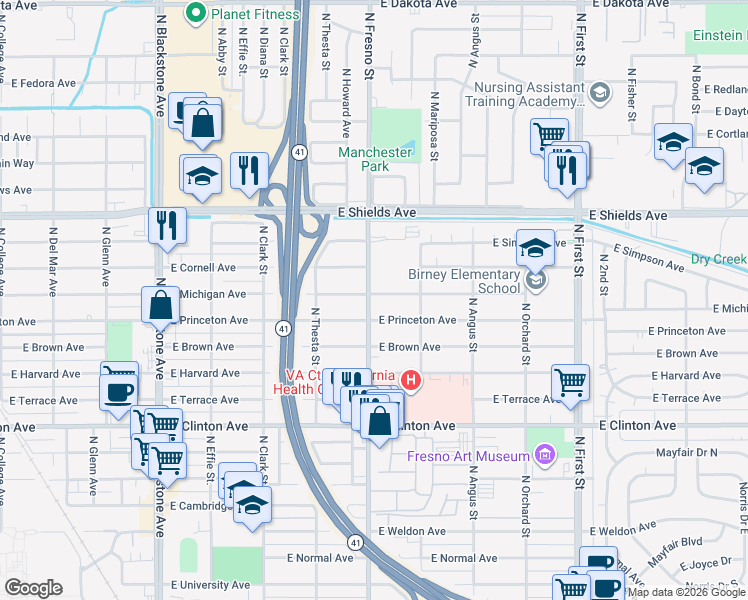 map of restaurants, bars, coffee shops, grocery stores, and more near 2504 East Michigan Avenue in Fresno