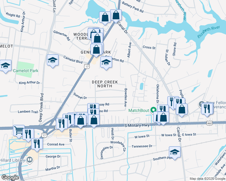 map of restaurants, bars, coffee shops, grocery stores, and more near 2413 Youngman Road in Chesapeake