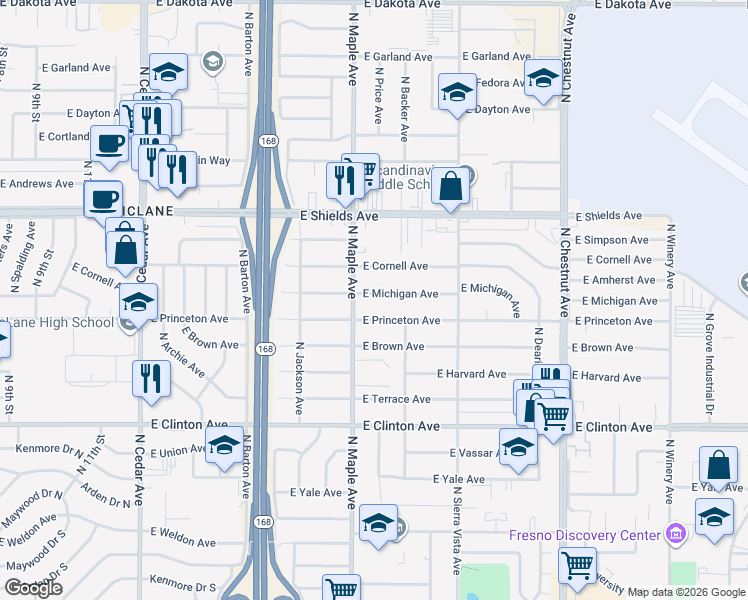 map of restaurants, bars, coffee shops, grocery stores, and more near 4613 East Michigan Avenue in Fresno