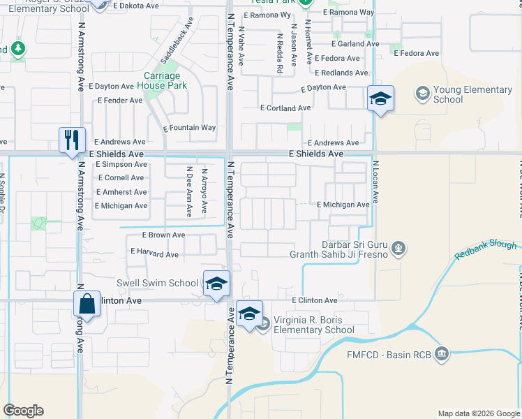 map of restaurants, bars, coffee shops, grocery stores, and more near 2672 North Temperance Avenue in Fresno