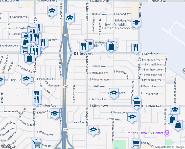 map of restaurants, bars, coffee shops, grocery stores, and more near 4613 East Michigan Avenue in Fresno