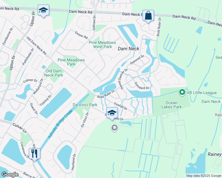 map of restaurants, bars, coffee shops, grocery stores, and more near 1659 Sword Dancer Drive in Virginia Beach