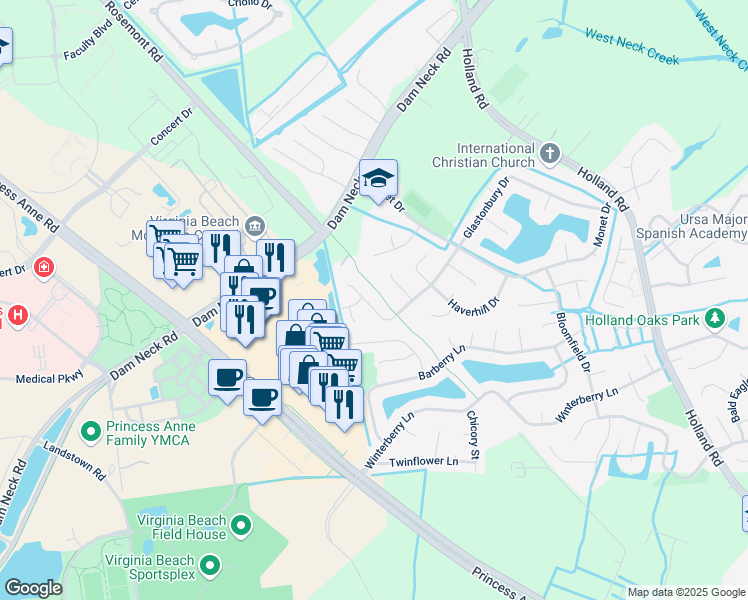 map of restaurants, bars, coffee shops, grocery stores, and more near 3216 Glastonbury Drive in Virginia Beach