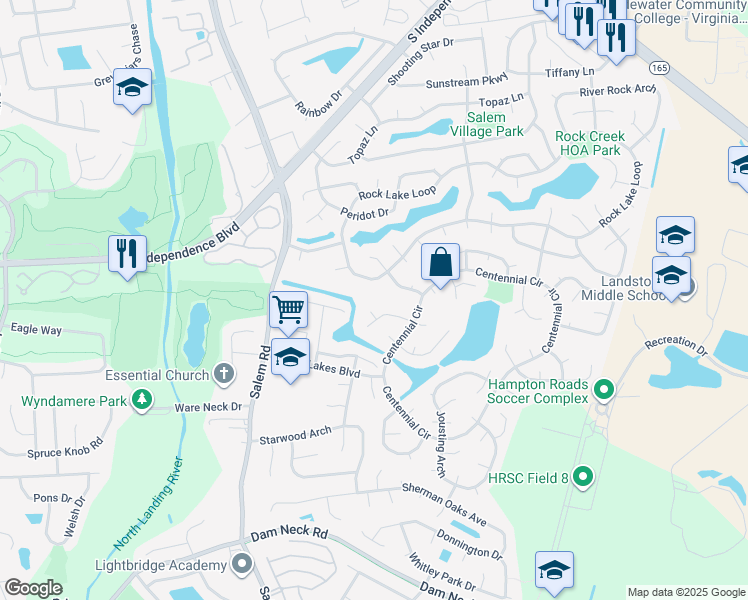 map of restaurants, bars, coffee shops, grocery stores, and more near 2409 Rock Lake Loop in Virginia Beach
