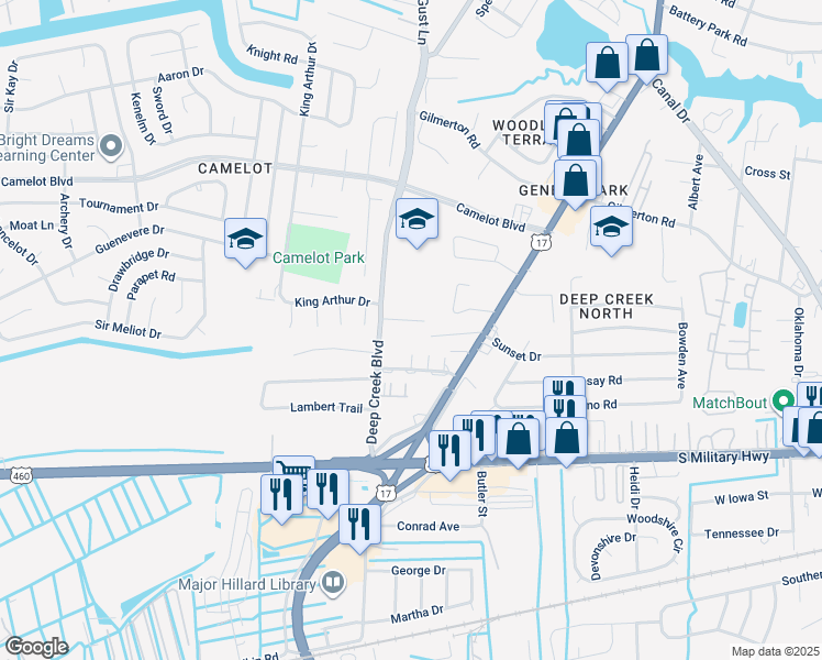 map of restaurants, bars, coffee shops, grocery stores, and more near 2721 Janice Lynn Court in Chesapeake