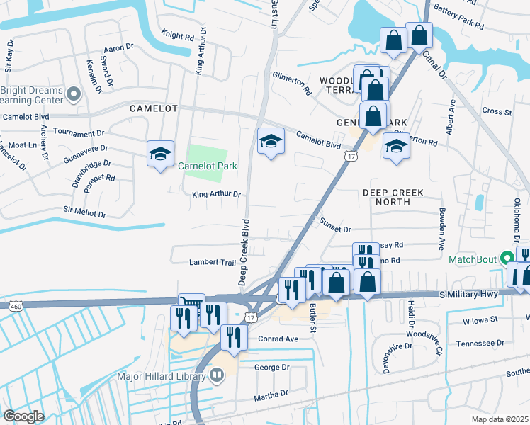 map of restaurants, bars, coffee shops, grocery stores, and more near 2725 Janice Lynn Court in Chesapeake