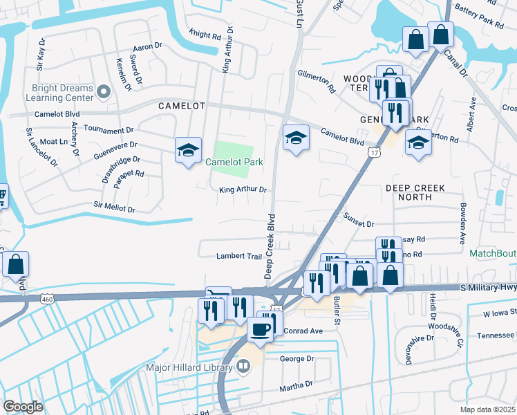 map of restaurants, bars, coffee shops, grocery stores, and more near 909 Noble Court in Chesapeake