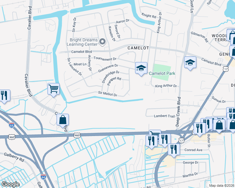 map of restaurants, bars, coffee shops, grocery stores, and more near 2921 Parapet Court in Chesapeake