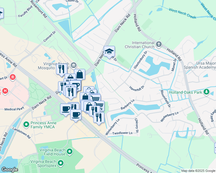 map of restaurants, bars, coffee shops, grocery stores, and more near 3216 Glastonbury Drive in Virginia Beach