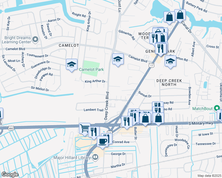 map of restaurants, bars, coffee shops, grocery stores, and more near 2741 Janice Lynn Court in Chesapeake