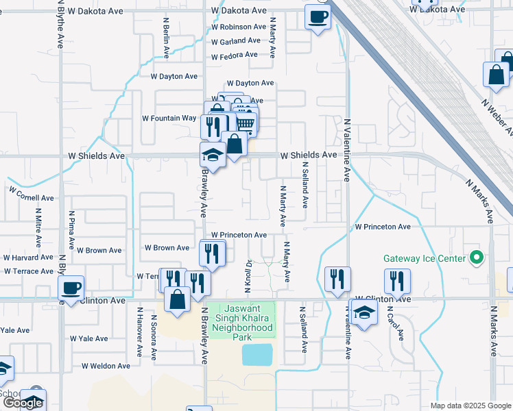 map of restaurants, bars, coffee shops, grocery stores, and more near 3661 West Shields Avenue in Fresno