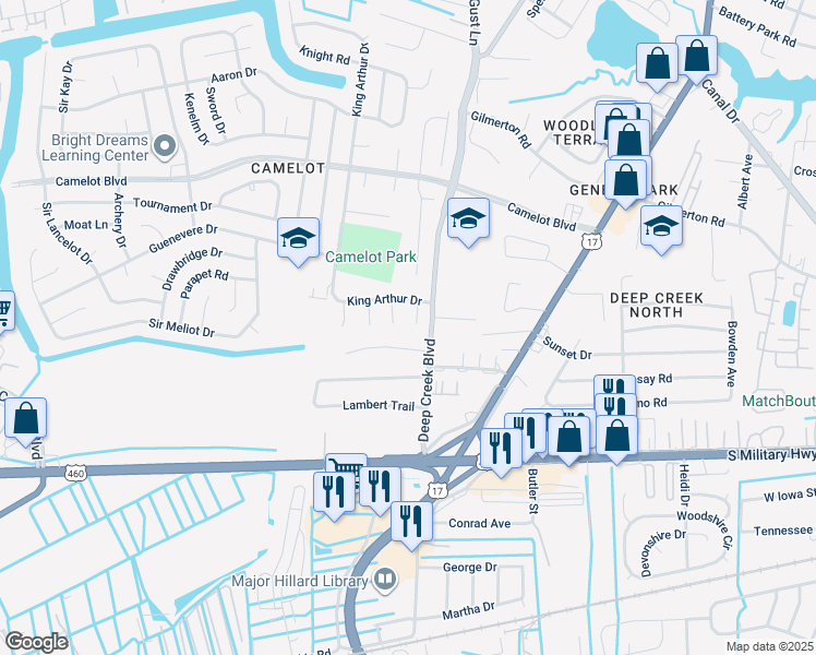 map of restaurants, bars, coffee shops, grocery stores, and more near 909 Noble Court in Chesapeake