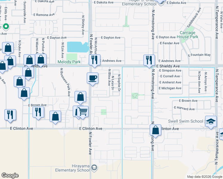 map of restaurants, bars, coffee shops, grocery stores, and more near 2847 North Leya Drive in Fresno