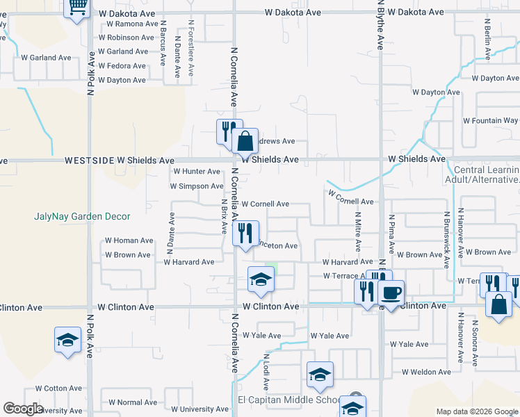map of restaurants, bars, coffee shops, grocery stores, and more near 4729 West Cornell Avenue in Fresno