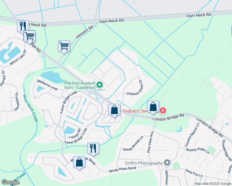 map of restaurants, bars, coffee shops, grocery stores, and more near 1909 Chelsea Green Drive in Virginia Beach