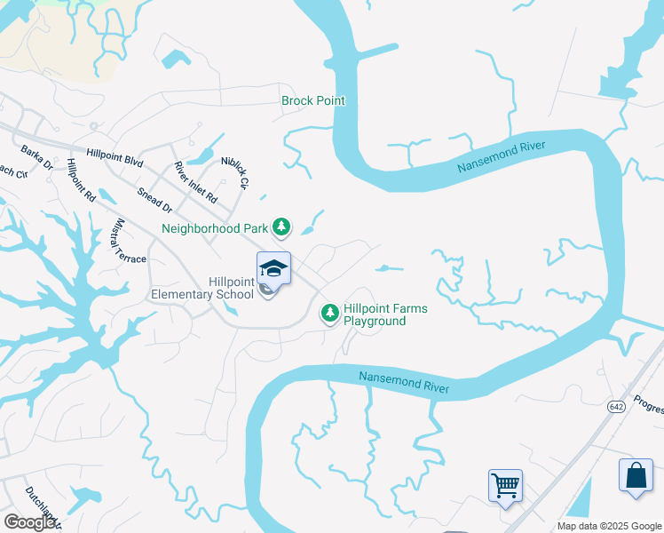 map of restaurants, bars, coffee shops, grocery stores, and more near Karen Lane in Suffolk