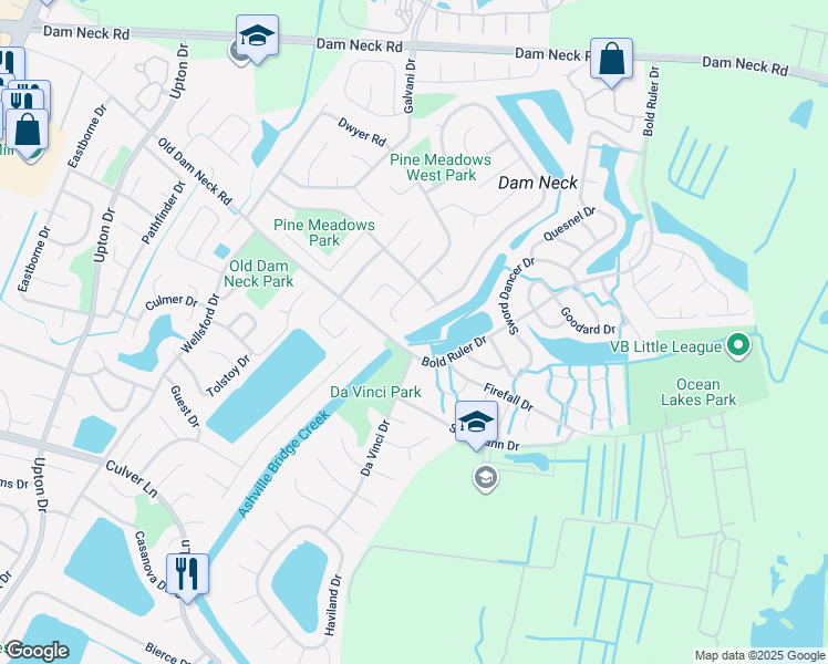 map of restaurants, bars, coffee shops, grocery stores, and more near 672 Dwyer Road in Virginia Beach