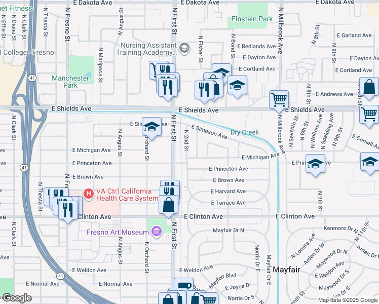 map of restaurants, bars, coffee shops, grocery stores, and more near 2902 North Fisher Street in Fresno
