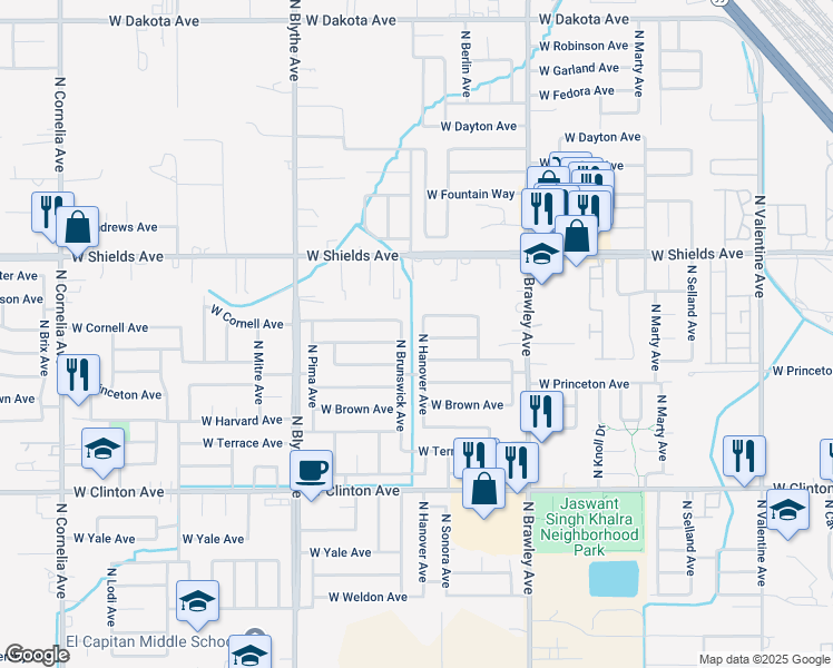 map of restaurants, bars, coffee shops, grocery stores, and more near 2683 North Hanover Avenue in Fresno