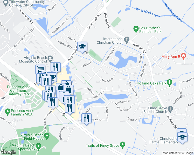 map of restaurants, bars, coffee shops, grocery stores, and more near 1848 Haverhill Drive in Virginia Beach