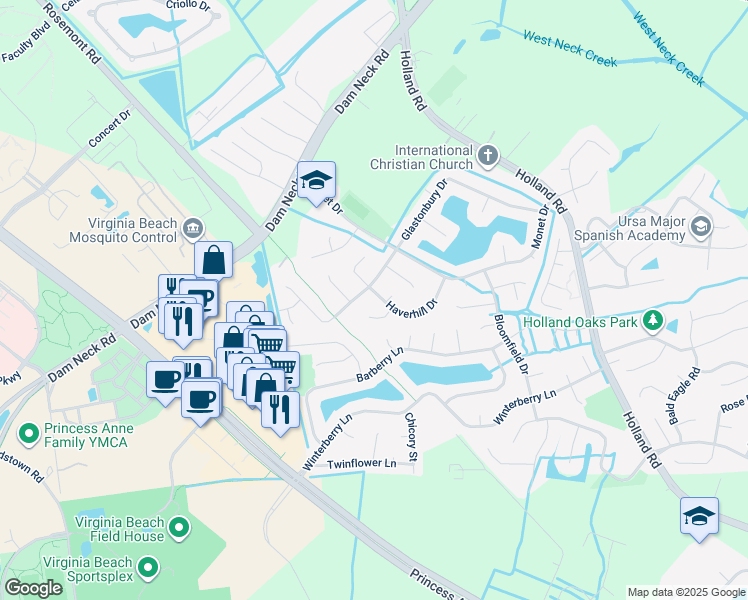 map of restaurants, bars, coffee shops, grocery stores, and more near 1848 Haverhill Drive in Virginia Beach