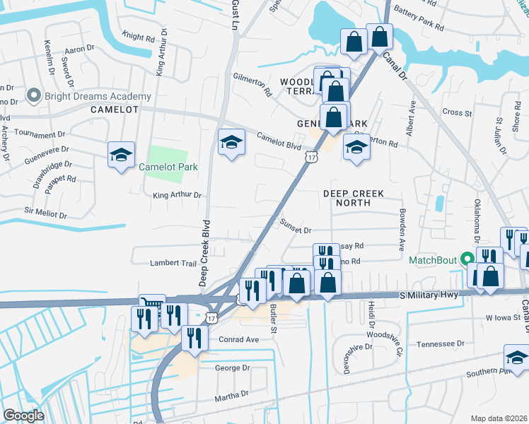 map of restaurants, bars, coffee shops, grocery stores, and more near 2601 Plumlee Drive in Chesapeake