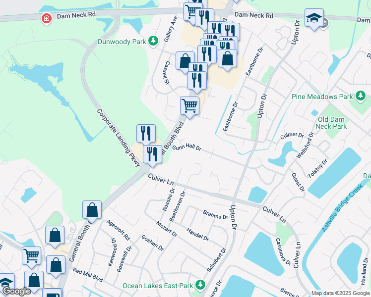 map of restaurants, bars, coffee shops, grocery stores, and more near 1233 Gunn Hall Drive in Virginia Beach
