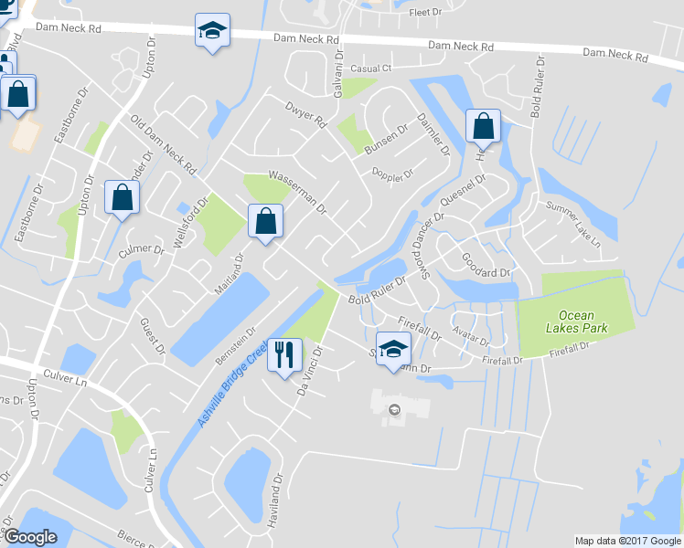 map of restaurants, bars, coffee shops, grocery stores, and more near 672 Dwyer Road in Virginia Beach